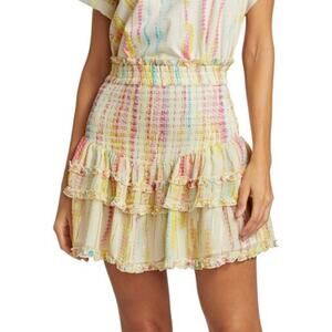 Hemant and Nandita Tie Dye Yellow Pink Metallic Smocked Waist Stripe Mini Skirt
